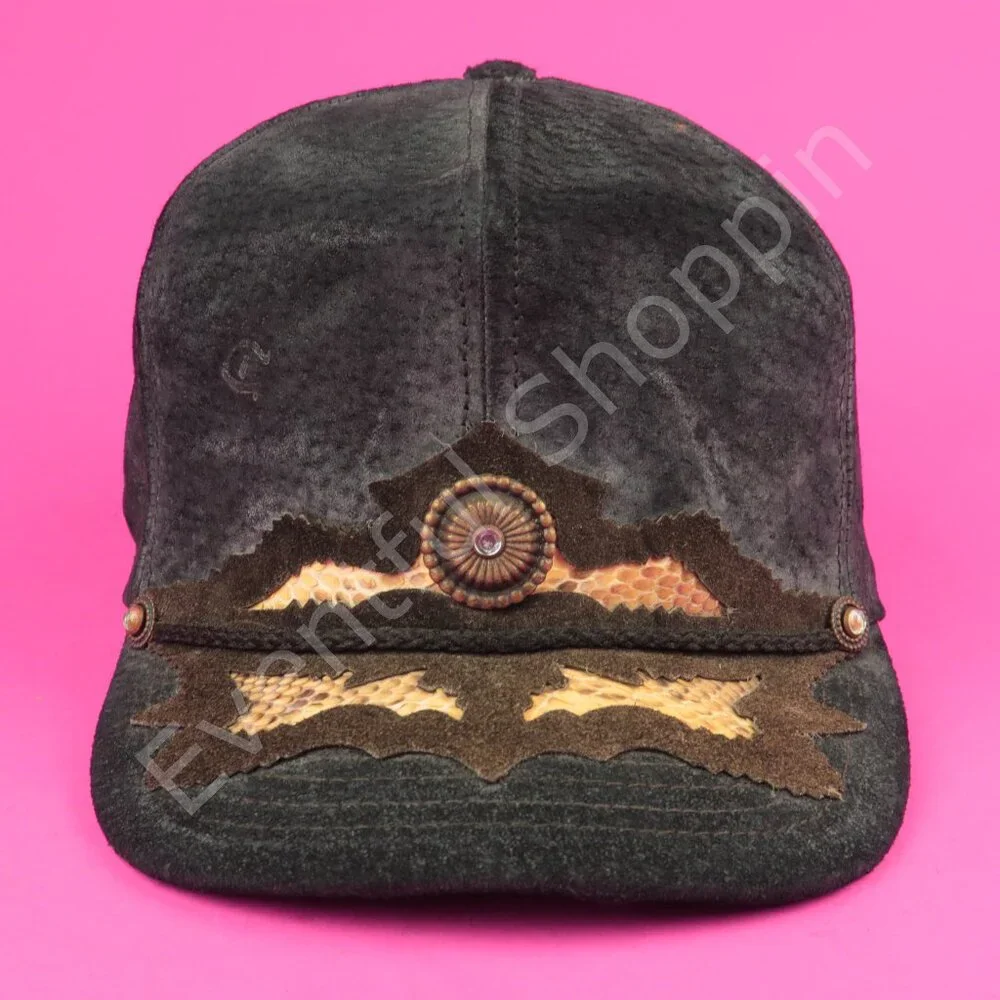 Vintage Leather Snakeskin Hat Mens Black Adjustable Vintage 1980s Made In USA - Picture 2 of 10